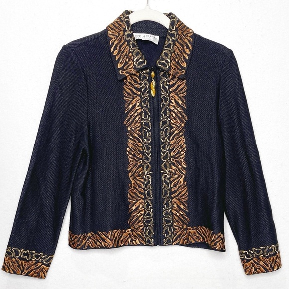 St. John Jackets & Blazers - St John Collection Metallic Black Jacket Santana Knit Embroidery Animal Print 8